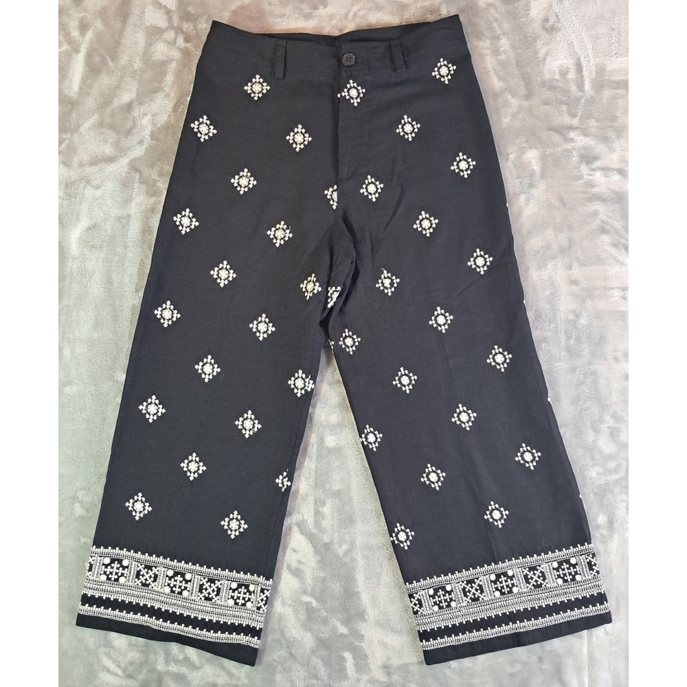 Elie Elie Tahari Embroidered Wide Leg Crop Pants 10 Black White Linen Border